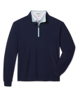 Bel Air Quarter Zip in New Indigo with mint trim at the zipper and inner collar.