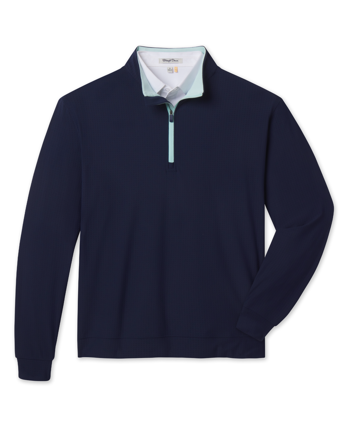 Bel Air Quarter Zip in New Indigo with mint trim at the zipper and inner collar.