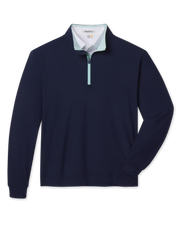 Bel Air Quarter Zip in New Indigo with mint trim at the zipper and inner collar.