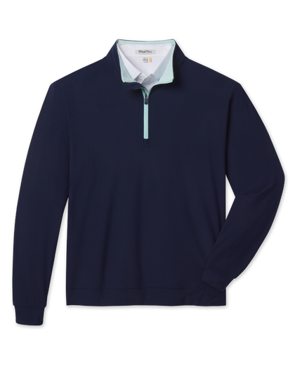Bel Air Quarter Zip in New Indigo with mint trim at the zipper and inner collar.