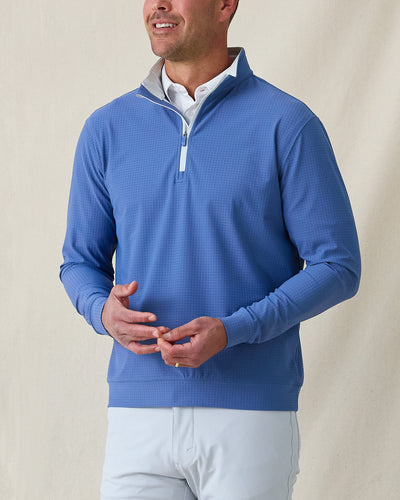 Men's Bel Air Quarter Zip in Moonlight, front view on model featuring a grid-textured jersey knit with light gray quarter zip placket, layered over a white polo, paired with light gray pants