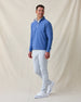 Men's Bel Air Quarter Zip in Moonlight, full length front view on model featuring a grid-textured jersey knit with light gray quarter zip placket, layered over a white polo, paired with light gray pants and white shoes