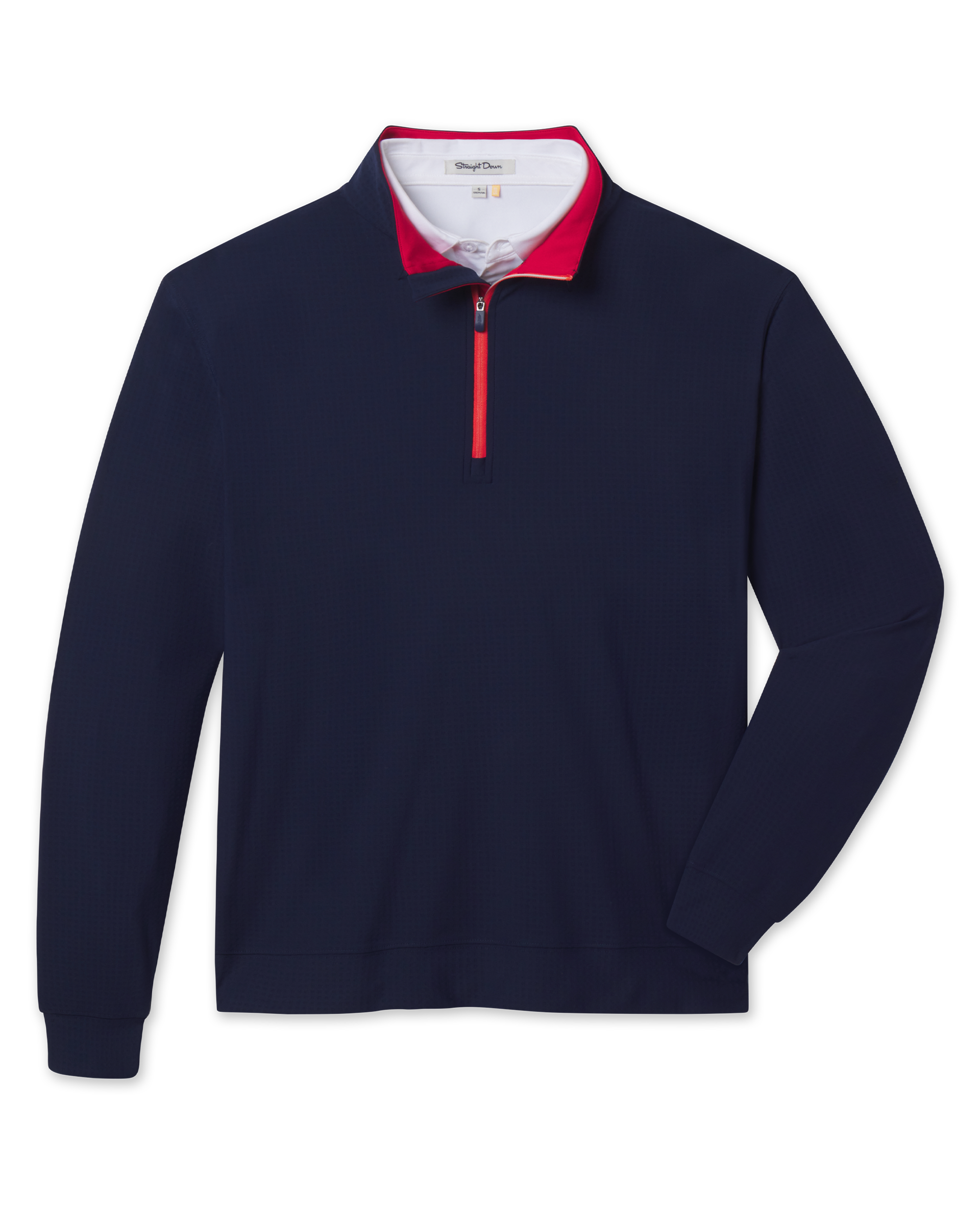 Bel Air Quarter Zip in New Indigo body with Flag Red contrast interior collar and zipper detail, front flat lay product view