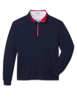 Bel Air Quarter Zip in New Indigo body with Flag Red contrast interior collar and zipper detail, front flat lay product view
