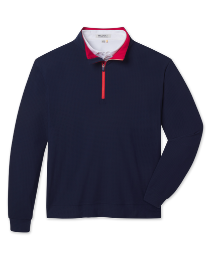 Bel Air Quarter Zip in New Indigo body with Flag Red contrast interior collar and zipper detail, front flat lay product view