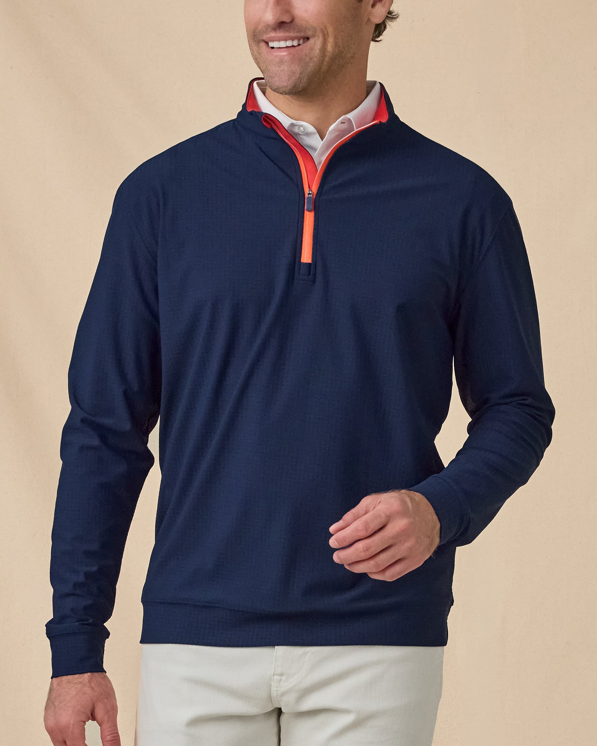 Bel Air Quarter Zip in New Indigo / Flag Red, front model view