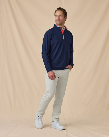 Men’s Bel Air Quarter Zip in New Indigo / Flag Red, styled full outfit view with light pants