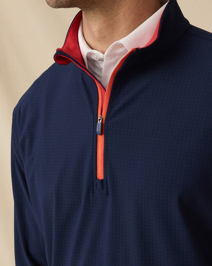 Bel Air Quarter Zip in New Indigo / Flag Red with contrast zipper detail