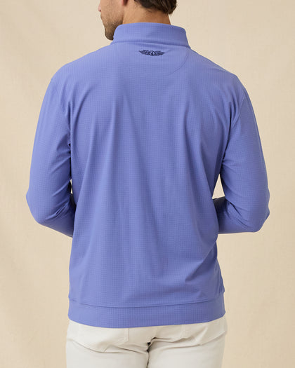 Back view of the Bel Air Quarter Zip in Tidal Blue showcasing a subtle all-over textured pattern