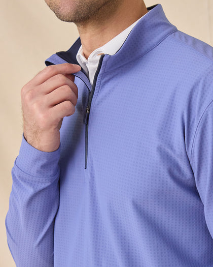 Close-up of the Bel Air Quarter Zip in Tidal Blue featuring contrast navy interior collar and zipper detail