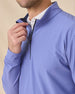 Close-up of the Bel Air Quarter Zip in Tidal Blue featuring contrast navy interior collar and zipper detail