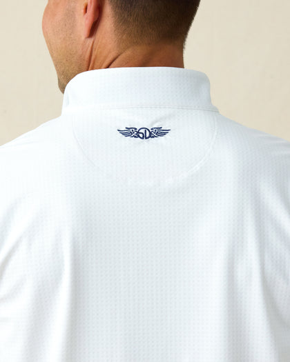 Close-up of back neck featuring embroidered Straight Down winged logo on white pullover.
