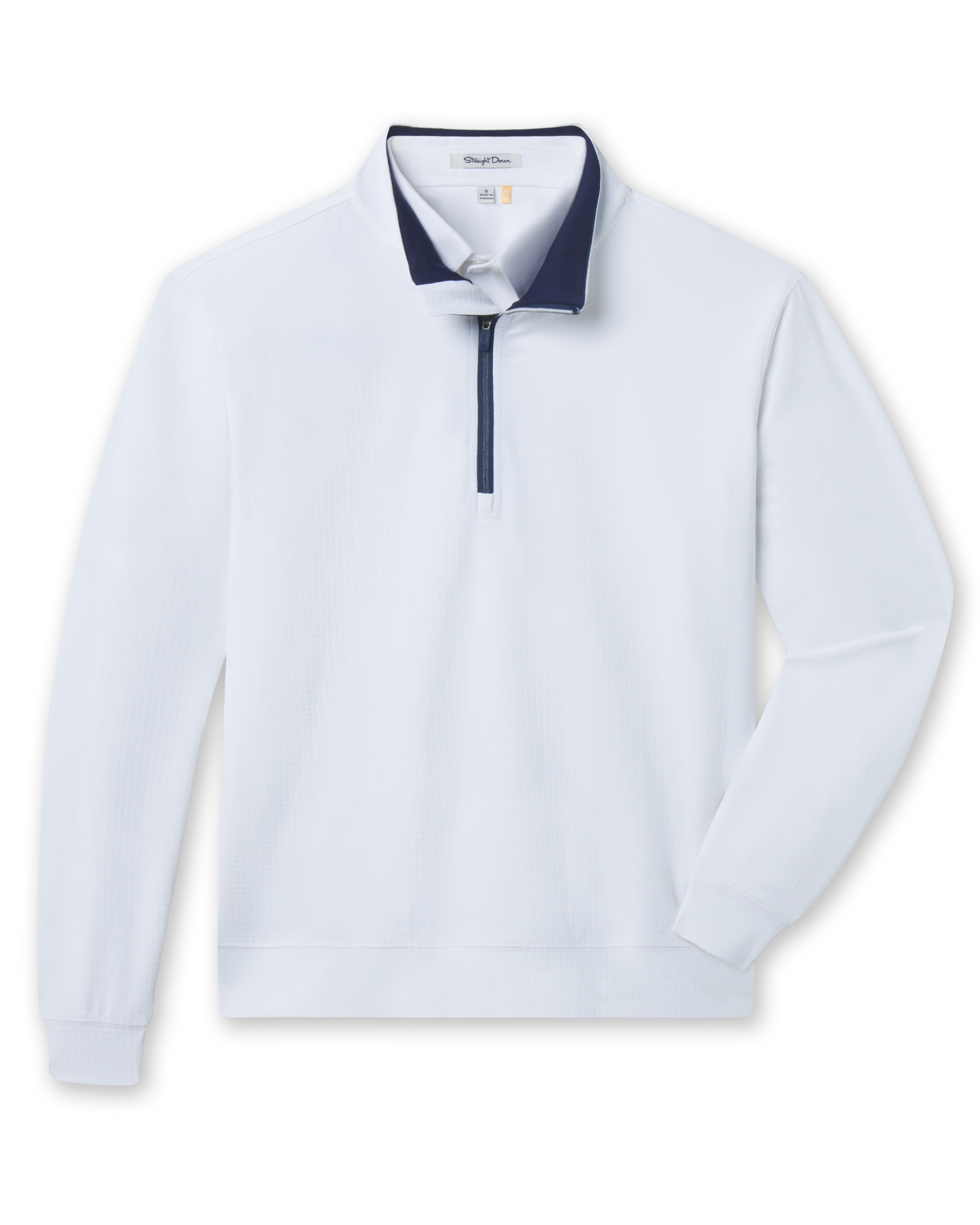 White long sleeve quarter-zip pullover with navy contrast collar lining and zipper placket.