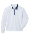 White long sleeve quarter-zip pullover with navy contrast collar lining and zipper placket.