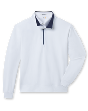 White long sleeve quarter-zip pullover with navy contrast collar lining and zipper placket.