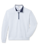 White long sleeve quarter-zip pullover with navy contrast collar lining and zipper placket.