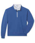 Men's Bel Air Quarter Zip in Moonlight, flat lay front view featuring a blue textured quarter-zip pullover with contrast light blue zip placket and ribbed cuffs