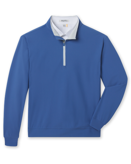 Men's Bel Air Quarter Zip in Moonlight, flat lay front view featuring a blue textured quarter-zip pullover with contrast light blue zip placket and ribbed cuffs
