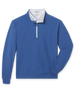 Men's Bel Air Quarter Zip in Moonlight, flat lay front view featuring a blue textured quarter-zip pullover with contrast light blue zip placket and ribbed cuffs