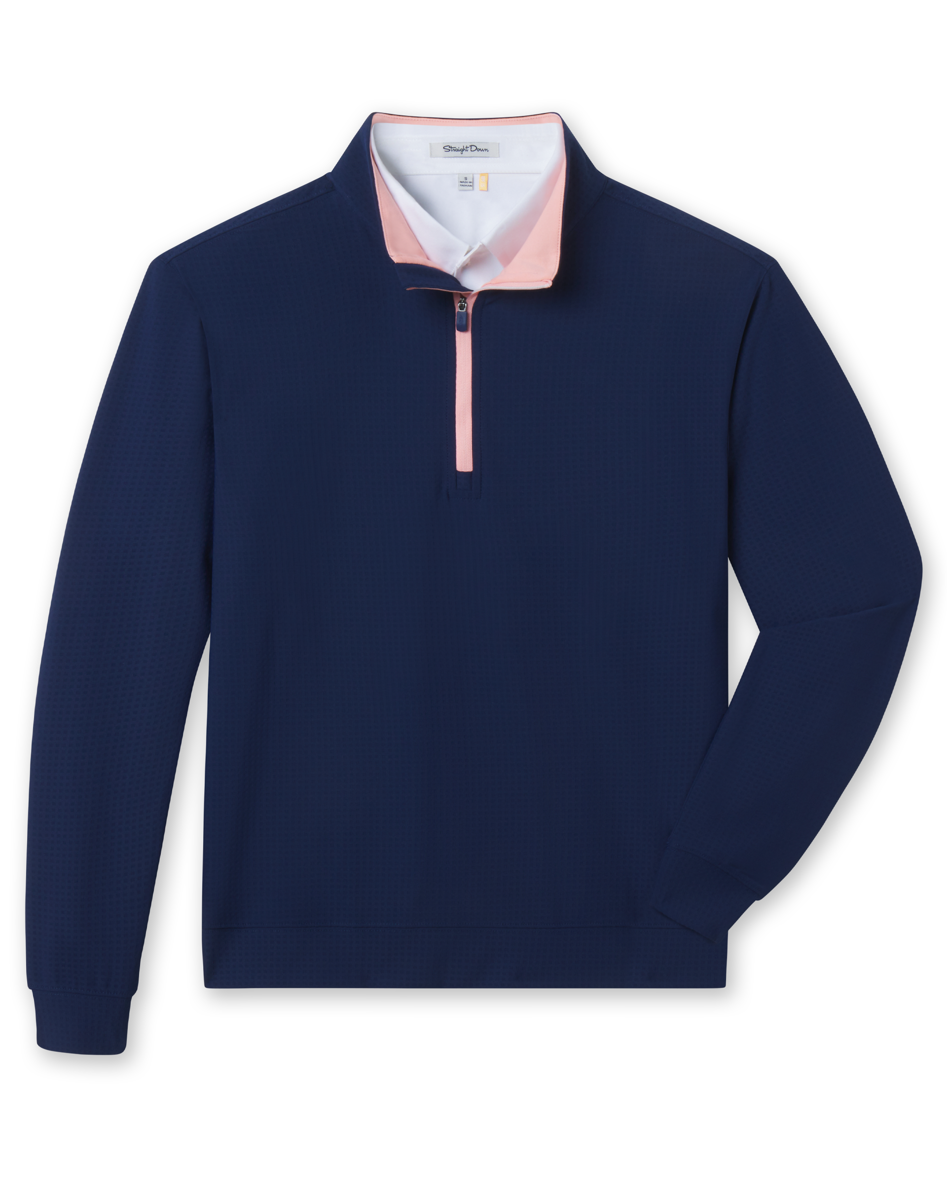 Men's Bel Air Quarter Zip in New Indigo, flat lay front view featuring a navy textured quarter-zip pullover with contrast blush pink zip placket and ribbed cuffs