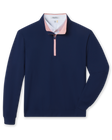 Men's Bel Air Quarter Zip in New Indigo, flat lay front view featuring a navy textured quarter-zip pullover with contrast blush pink zip placket and ribbed cuffs