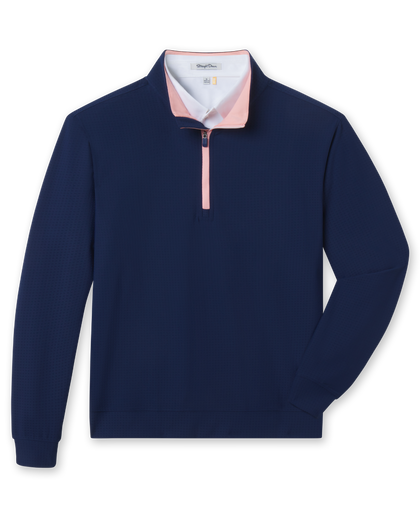 Men's Bel Air Quarter Zip in New Indigo, flat lay front view featuring a navy textured quarter-zip pullover with contrast blush pink zip placket and ribbed cuffs