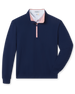 Men's Bel Air Quarter Zip in New Indigo, flat lay front view featuring a navy textured quarter-zip pullover with contrast blush pink zip placket and ribbed cuffs