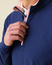 Men's Bel Air Quarter Zip in New Indigo, zip detail view featuring a navy textured performance fabric with a pink contrast zip placket and collar lining