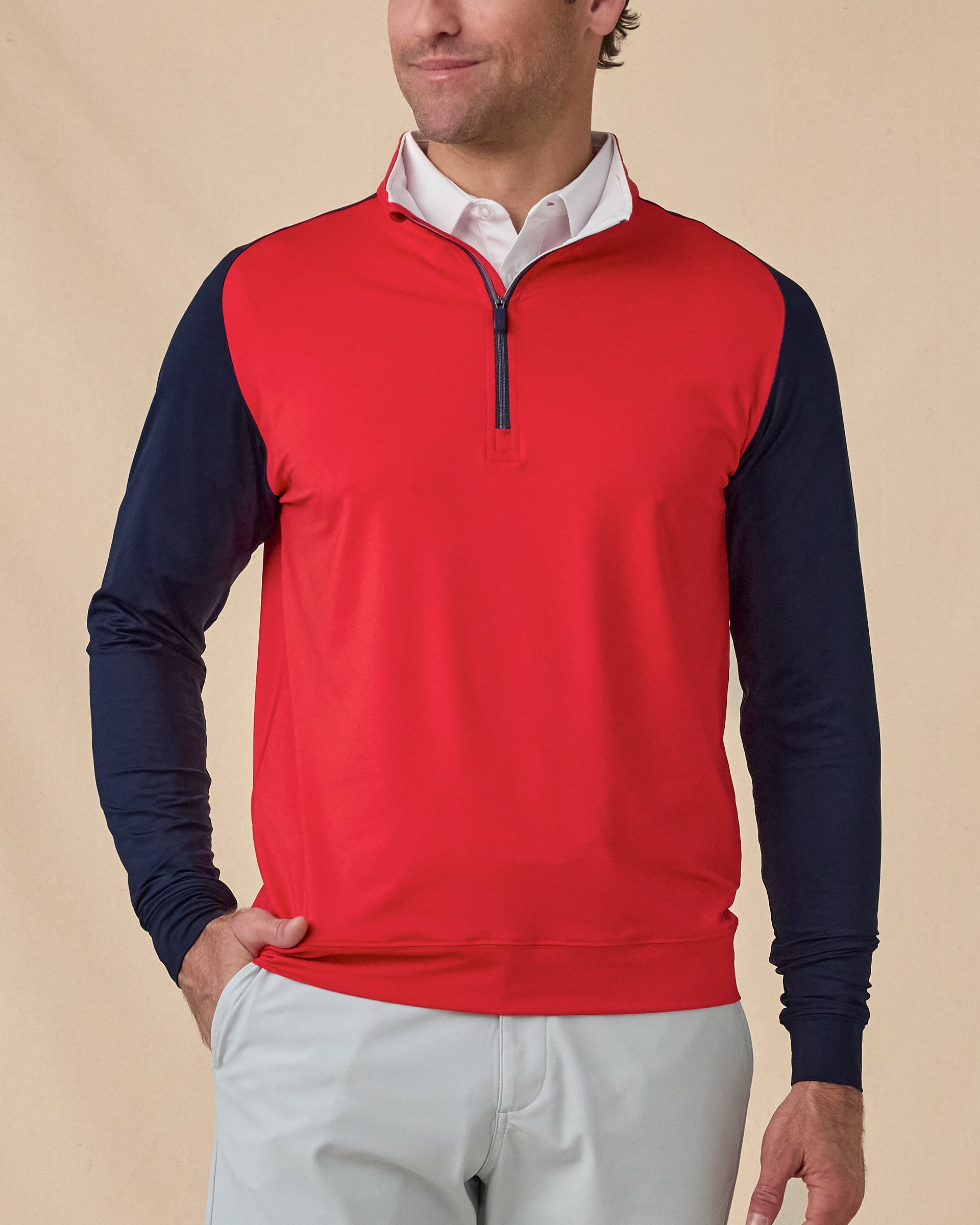 Men’s Falcon Quarter Zip in Flag Red with navy sleeves, front model view
