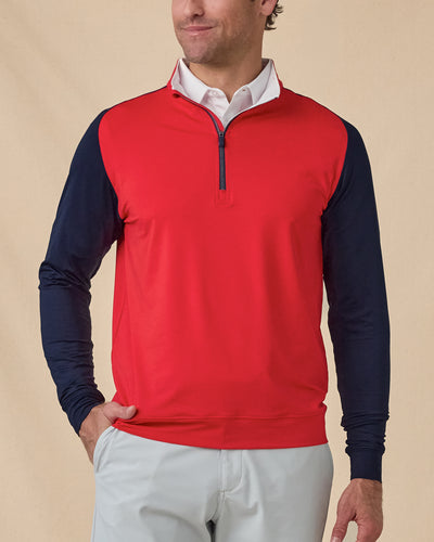Men’s Falcon Quarter Zip in Flag Red with navy sleeves, front model view