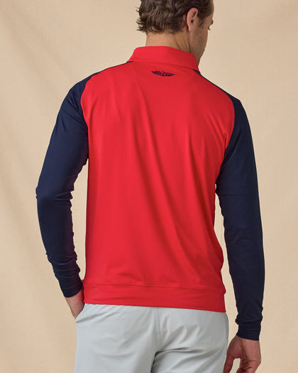Men’s Falcon Quarter Zip in Flag Red with navy sleeves, back view