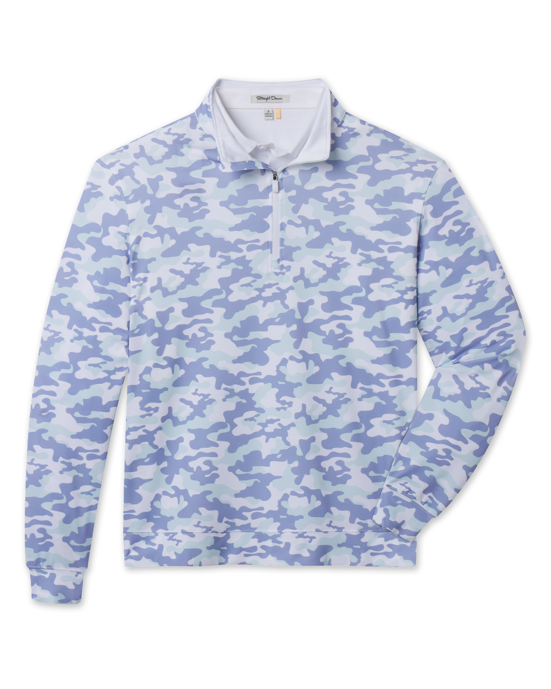 Arlington Quarter Zip in Blue Shade with an allover blue, mint and white camouflage print.
