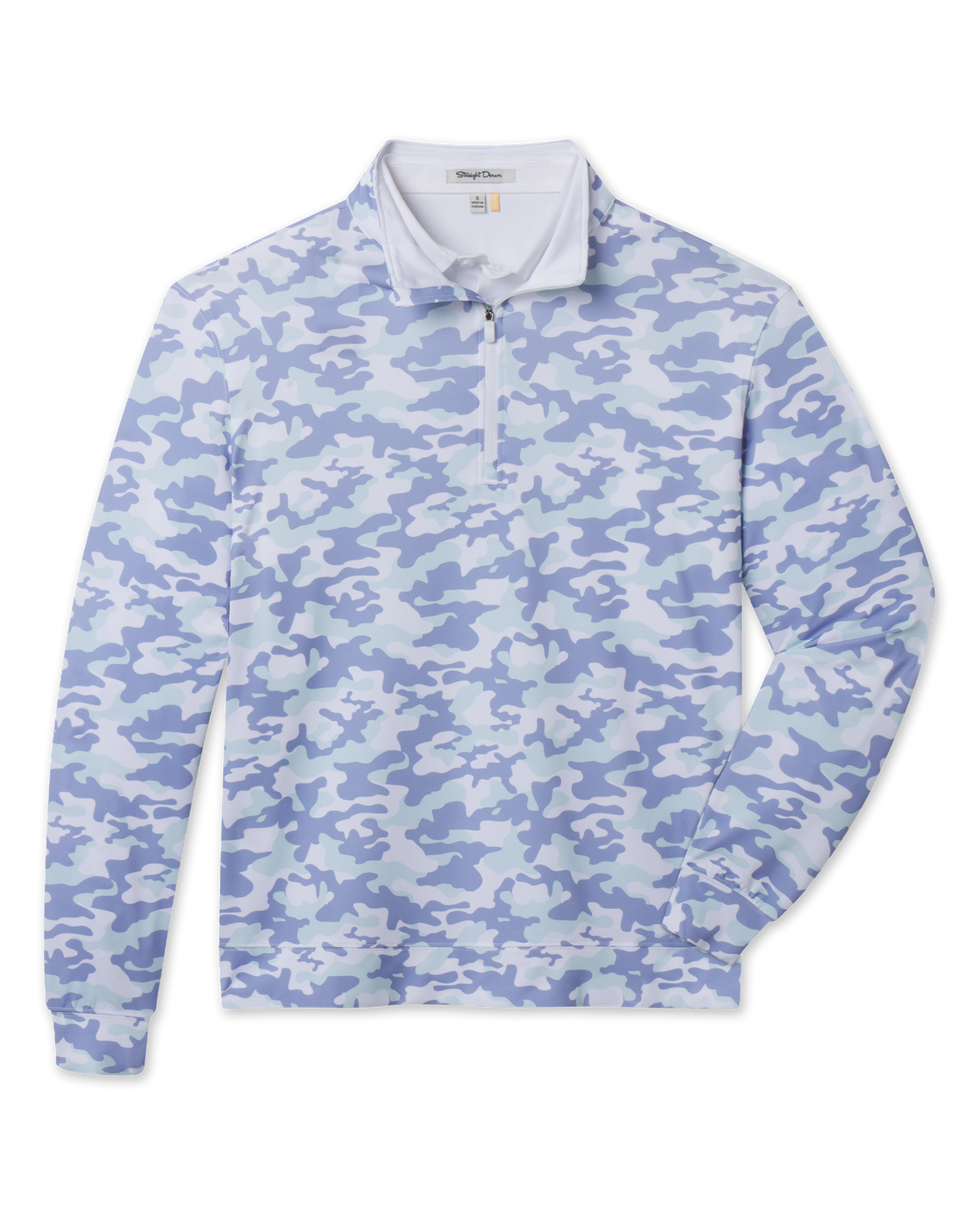 Arlington Quarter Zip in Blue Shade with an allover blue, mint and white camouflage print.