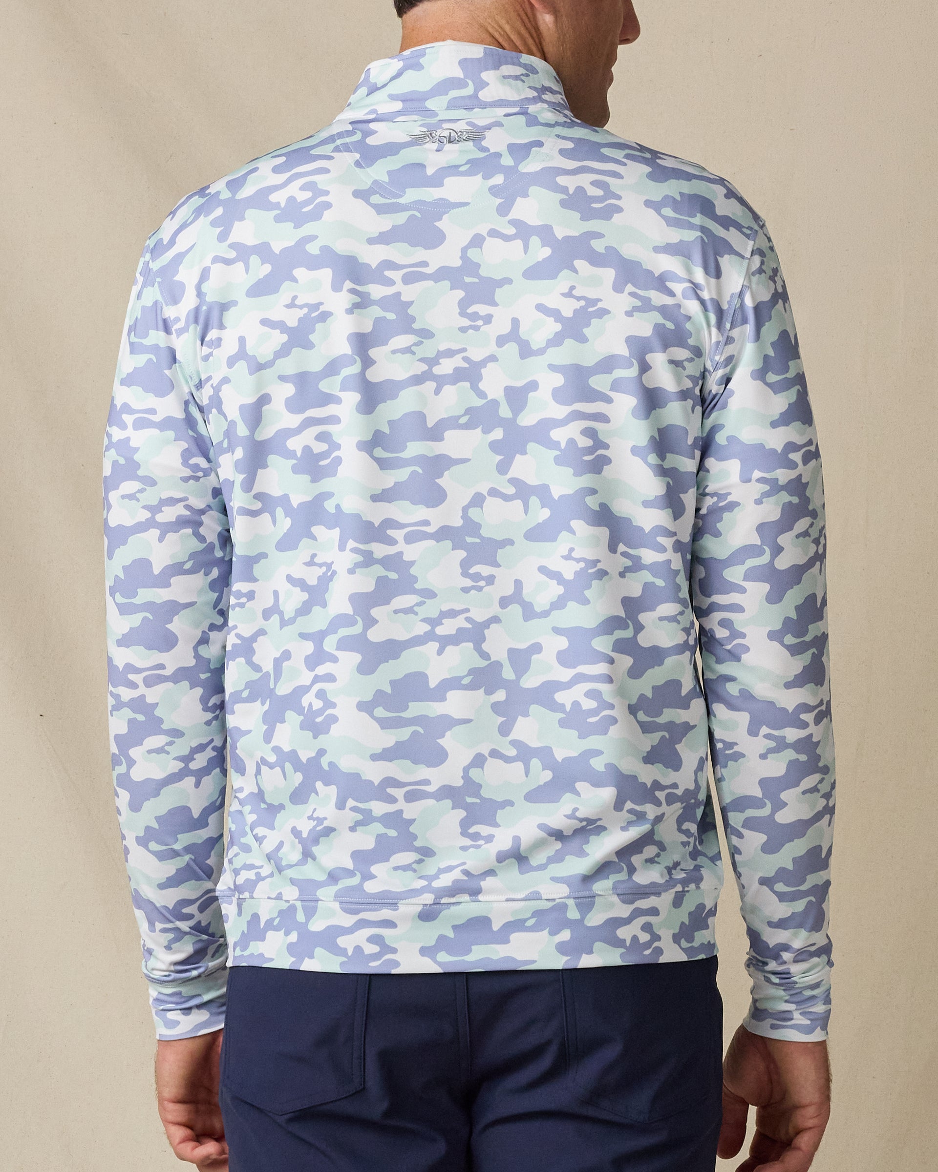 Back view of the Arlington Quarter Zip in Blue Shade, highlighting the allover camouflage print and embroidered Straight Down logo at the collar.