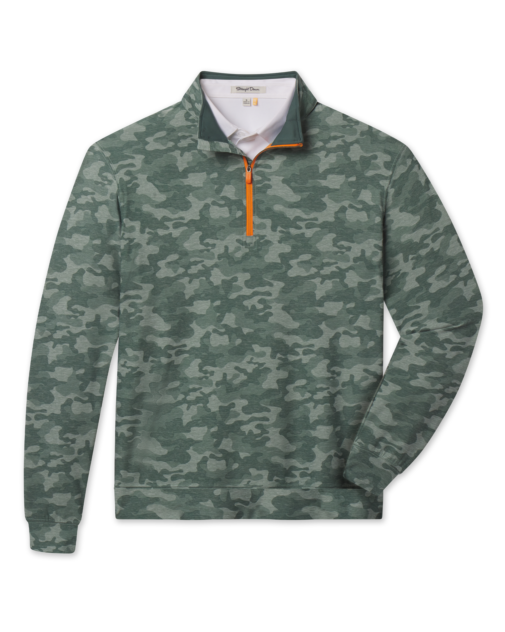 Arlington Quarter Zip in Dark Forest featuring an all-over green camouflage print and contrasting orange zipper.