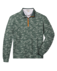 Arlington Quarter Zip in Dark Forest featuring an all-over green camouflage print and contrasting orange zipper.