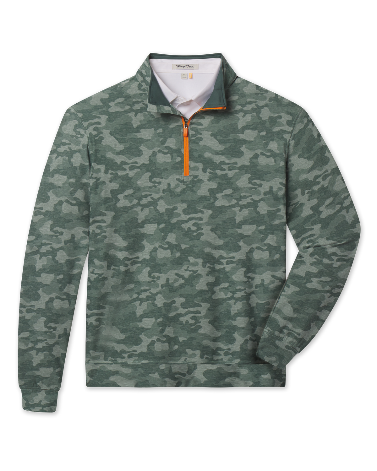 Arlington Quarter Zip in Dark Forest featuring an all-over green camouflage print and contrasting orange zipper.