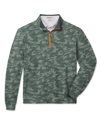 Arlington Quarter Zip in Dark Forest featuring an all-over green camouflage print and contrasting orange zipper.