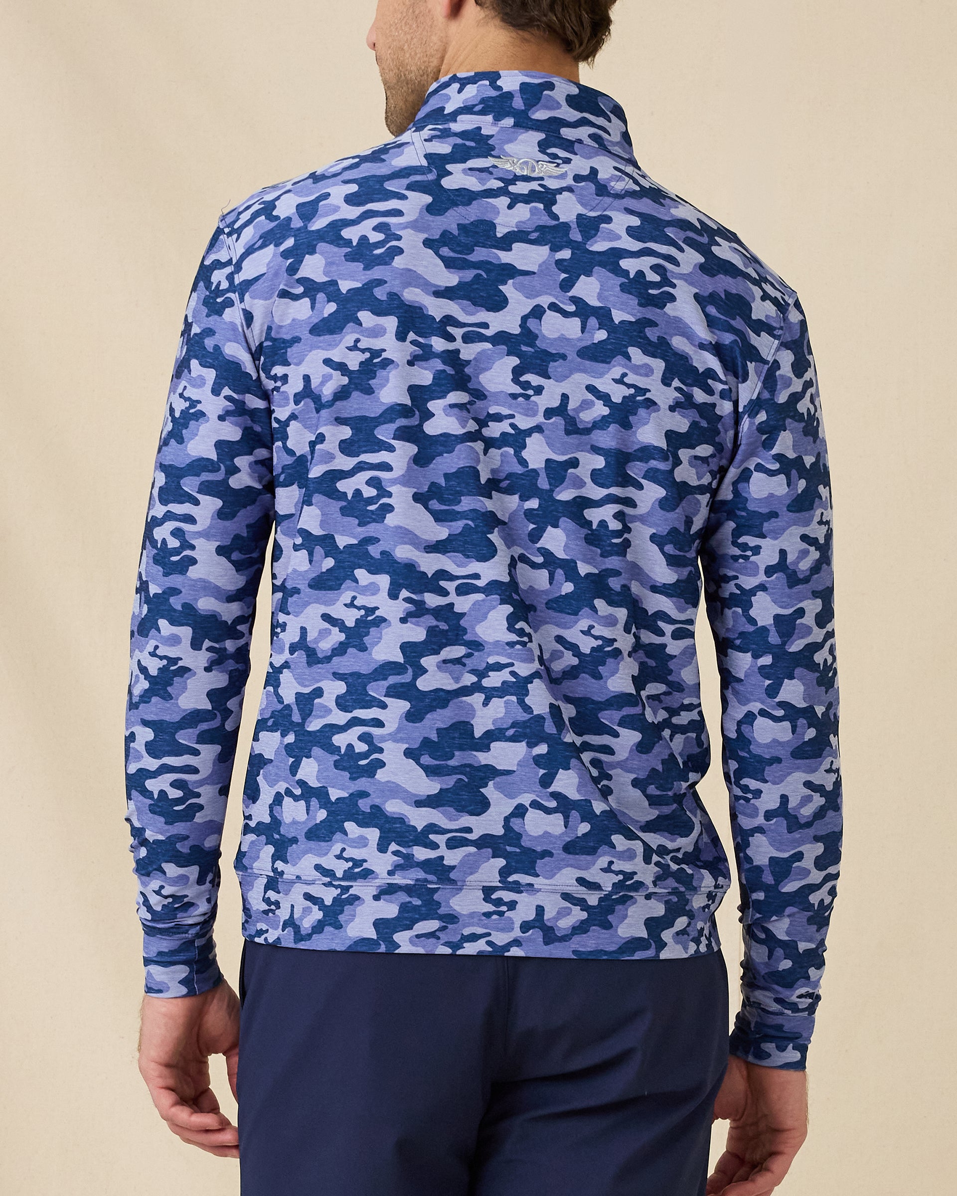 Back view of the Arlington Quarter Zip in Tidal Blue showcasing the all-over camo pattern