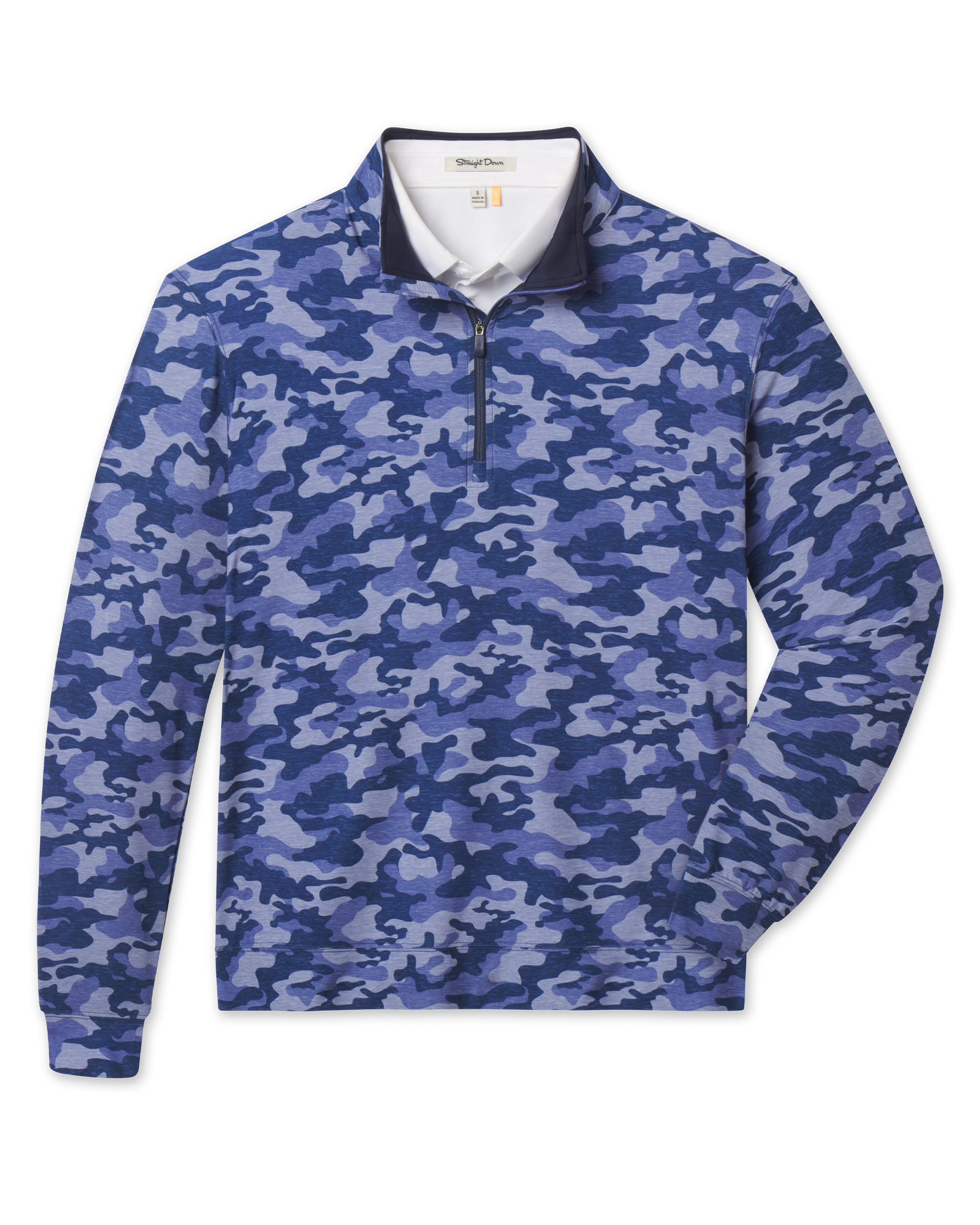 Arlington Quarter Zip in Tidal Blue featuring an all-over blue camo print, front flat lay view