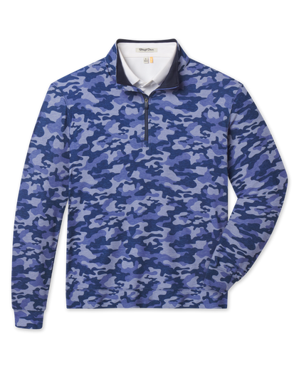 Arlington Quarter Zip in Tidal Blue featuring an all-over blue camo print, front flat lay view