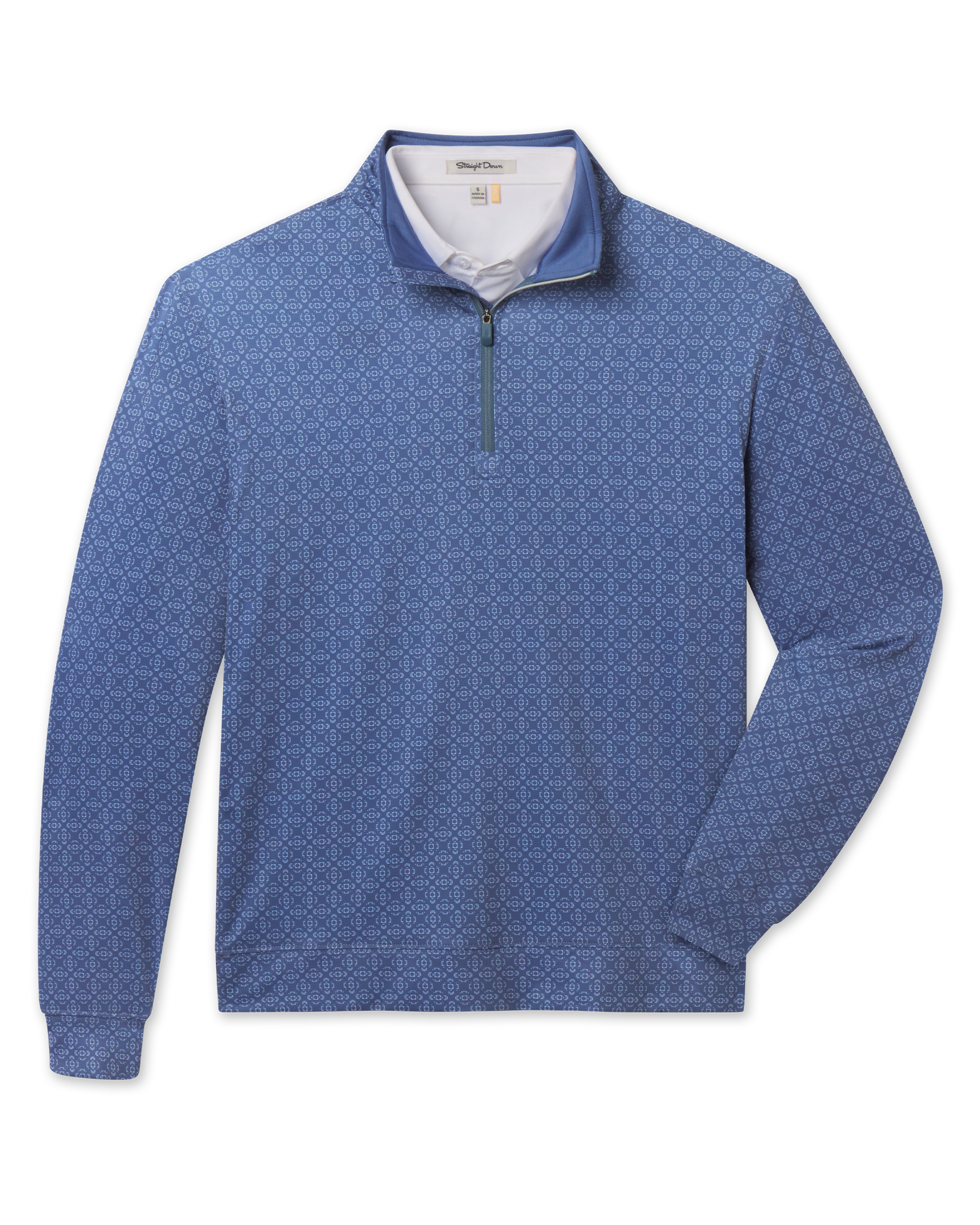 Front product view of the Mulholland Quarter Zip in Moonlight, featuring an allover light blue geometric print, stand collar, and quarter-zip closure.