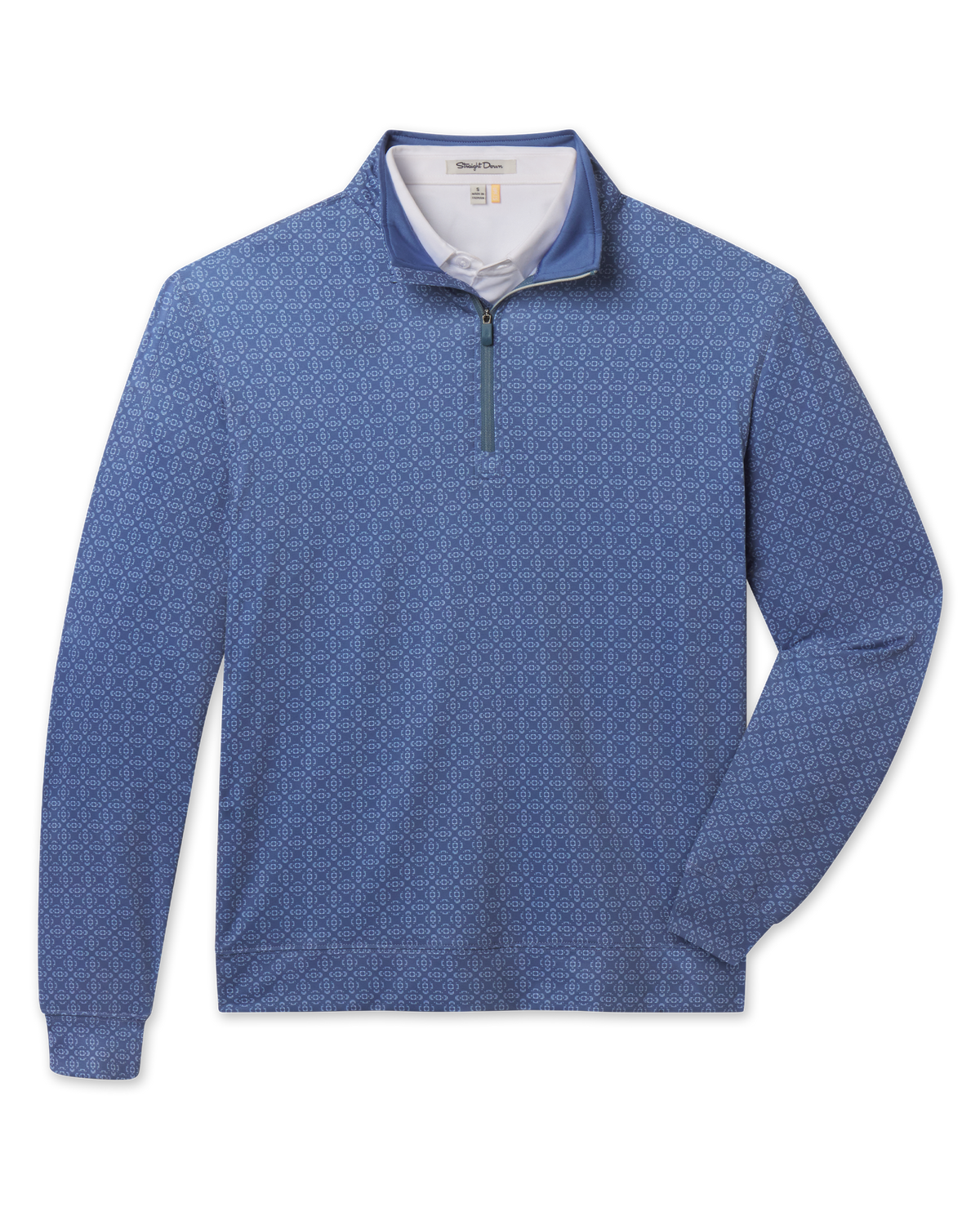 Front product view of the Mulholland Quarter Zip in Moonlight, featuring an allover light blue geometric print, stand collar, and quarter-zip closure.