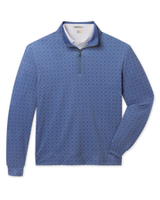 Front product view of the Mulholland Quarter Zip in Moonlight, featuring an allover light blue geometric print, stand collar, and quarter-zip closure.