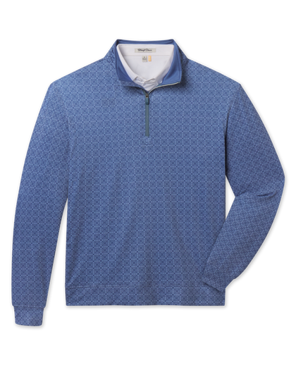 Front product view of the Mulholland Quarter Zip in Moonlight, featuring an allover light blue geometric print, stand collar, and quarter-zip closure.