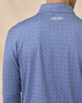 Close-up back view of the Mulholland Quarter Zip in Moonlight showing the geometric print and embroidered logo below the collar.
