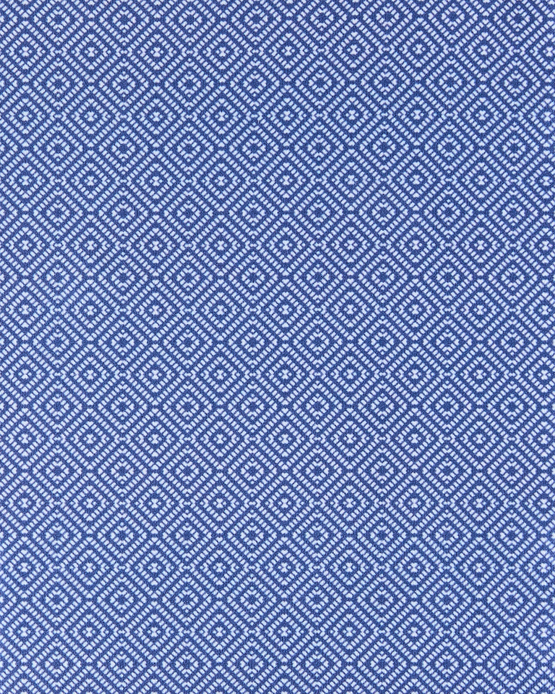 A close-up of a repeating blue and white geometric pattern, likely a woven textile or fabric swatch, filling the entire frame.