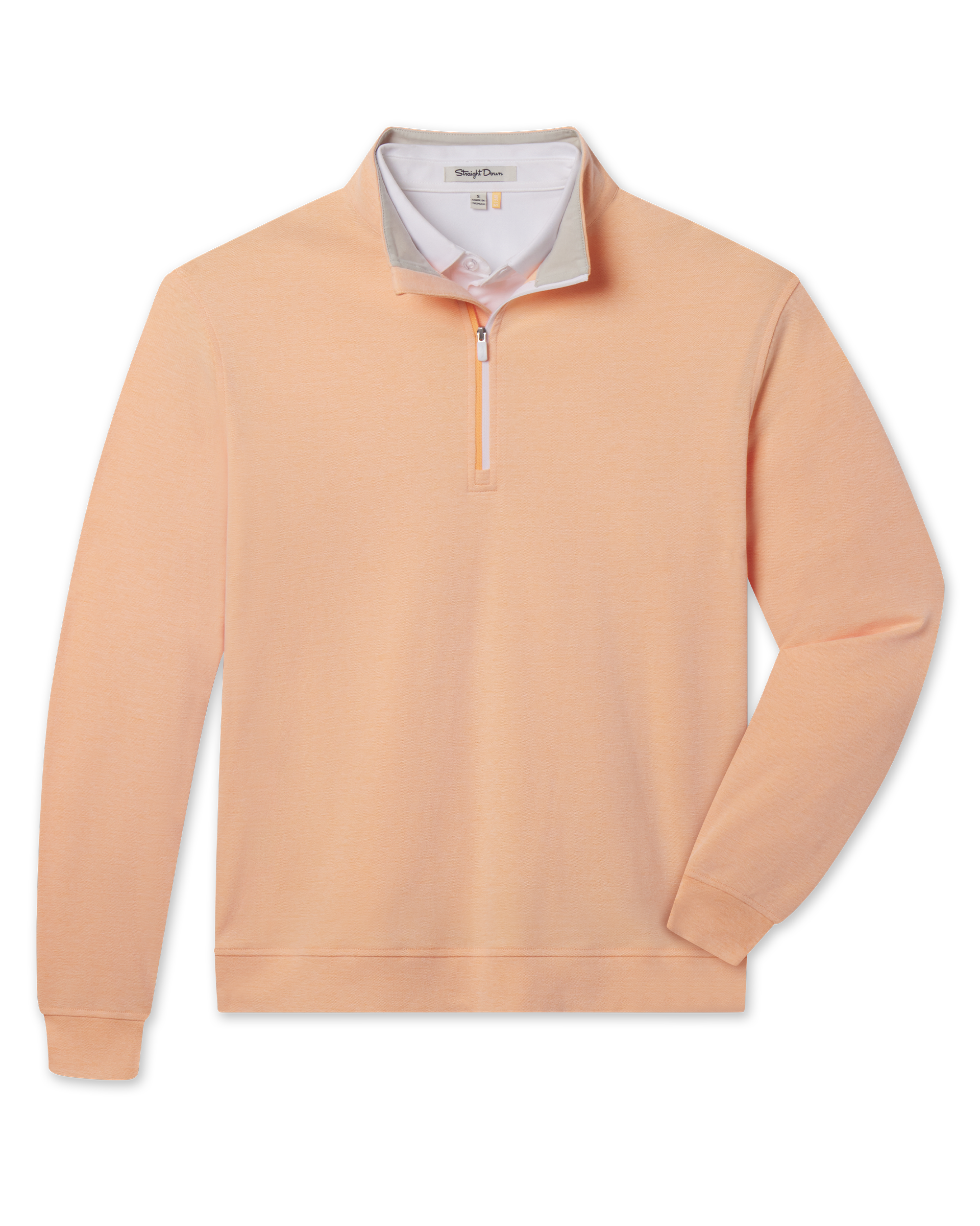 Glendale Quarter Zip in Cantaloupe featuring a soft peach-orange finish, stand collar, quarter-zip closure, and banded cuffs and hem.