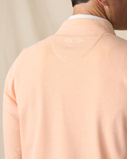 Close-up of the back of the Glendale Quarter Zip in Cantaloupe, highlighting the heathered fabric and tonal embroidered Straight Down logo below the collar.