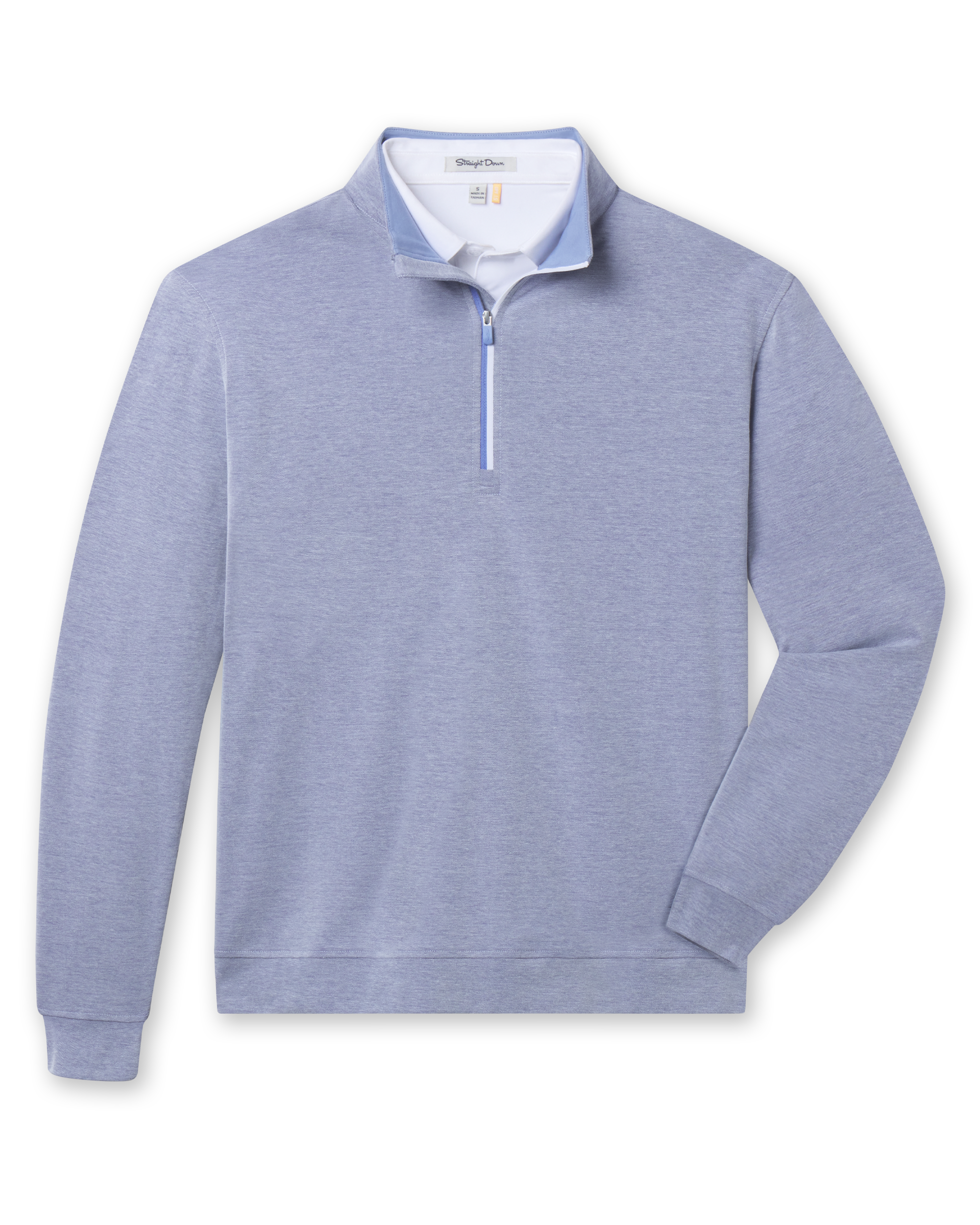 Front flat lay view of Glendale Quarter Zip in Tidal Blue featuring soft heathered blue oxford pique fabric and a contrast quarter-zip placket